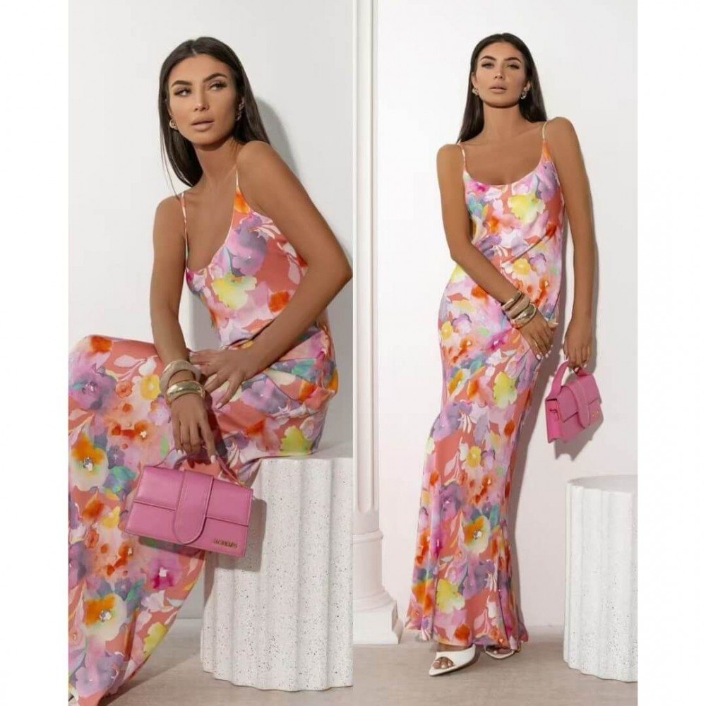 Φόρεμα maxi satin floral ροζ