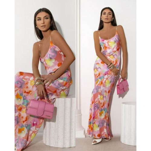 Φόρεμα maxi satin floral ροζ