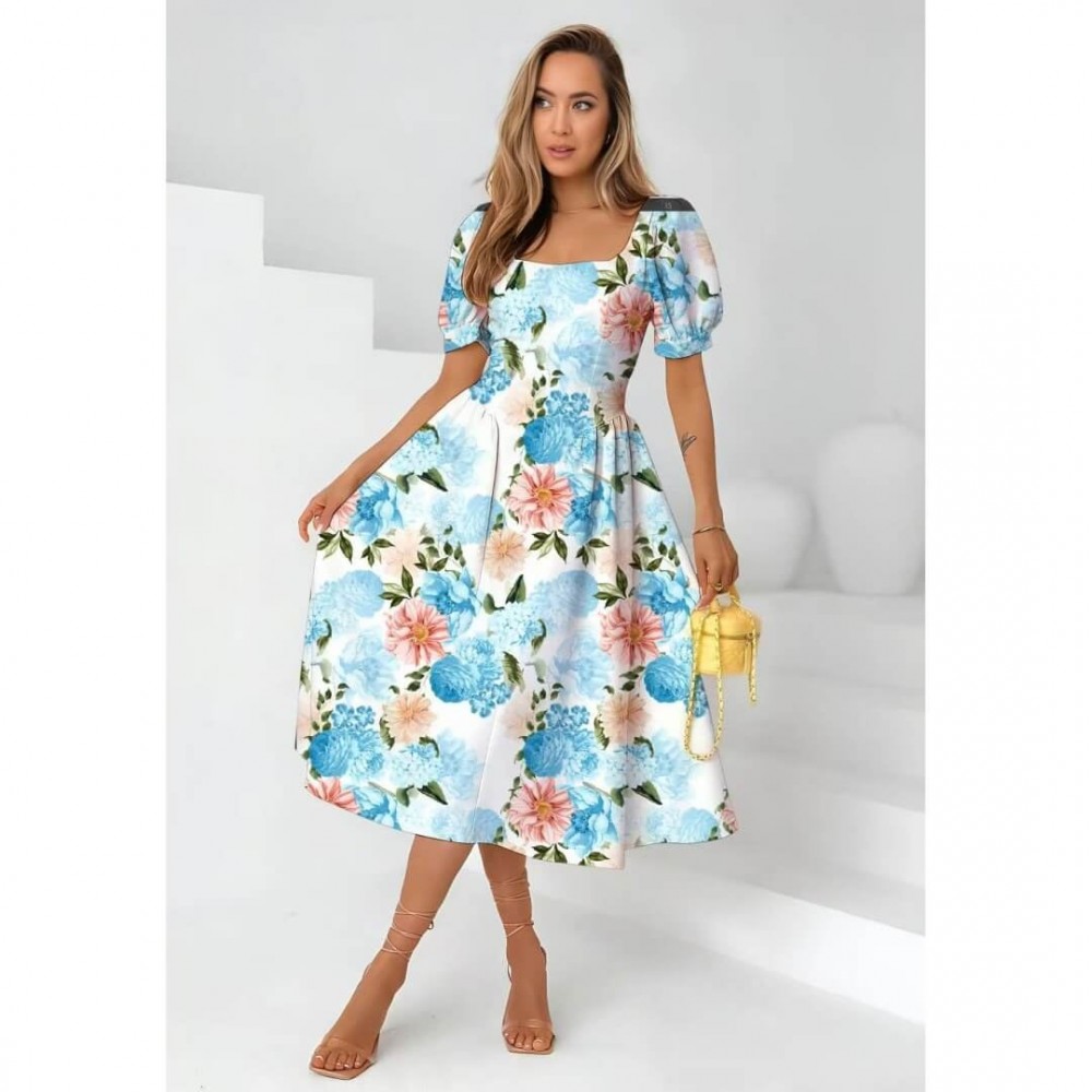 Φόρεμα midi με φουσκωτό μανίκι floral γαλάζιο