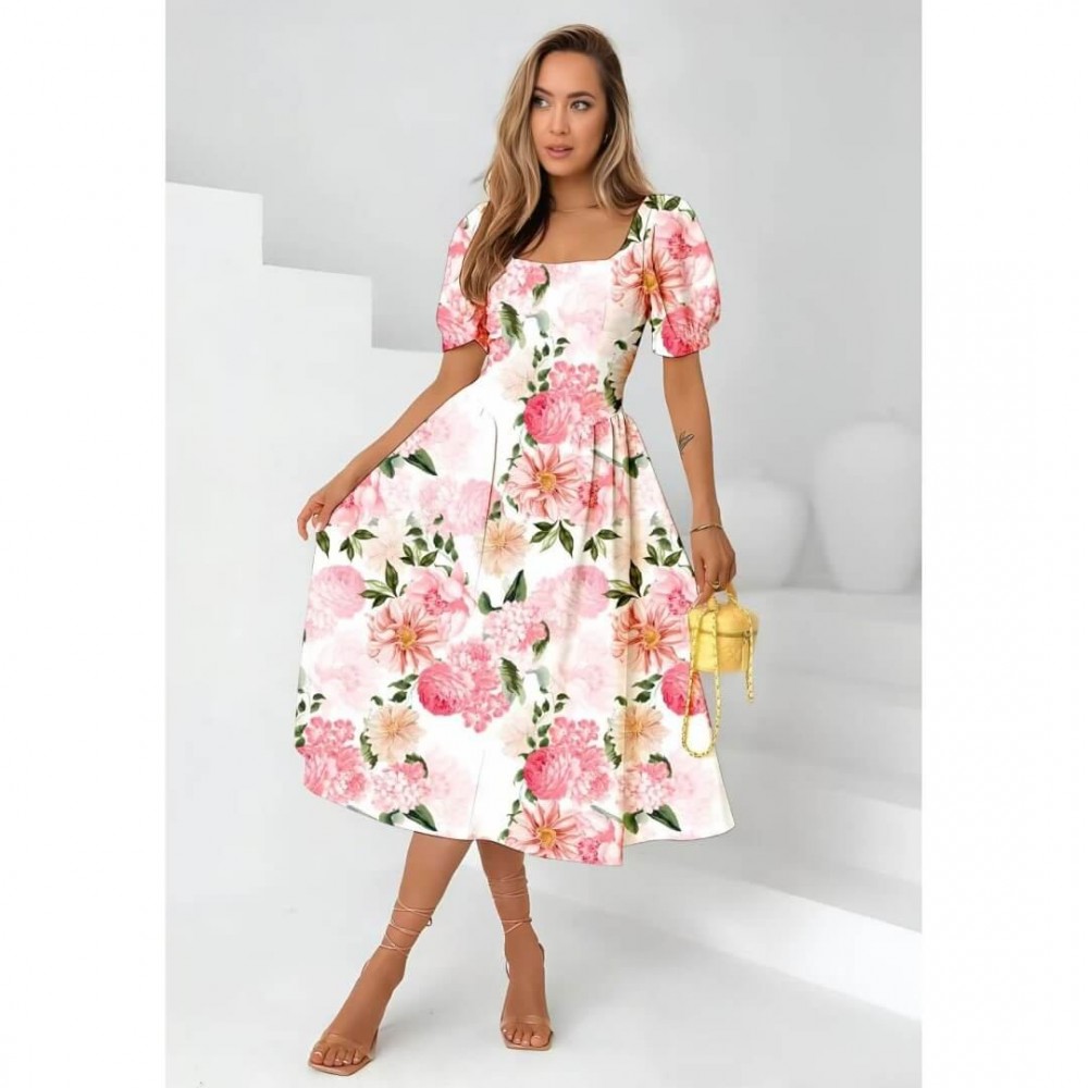 Φόρεμα midi με φουσκωτό μανίκι floral ροζ
