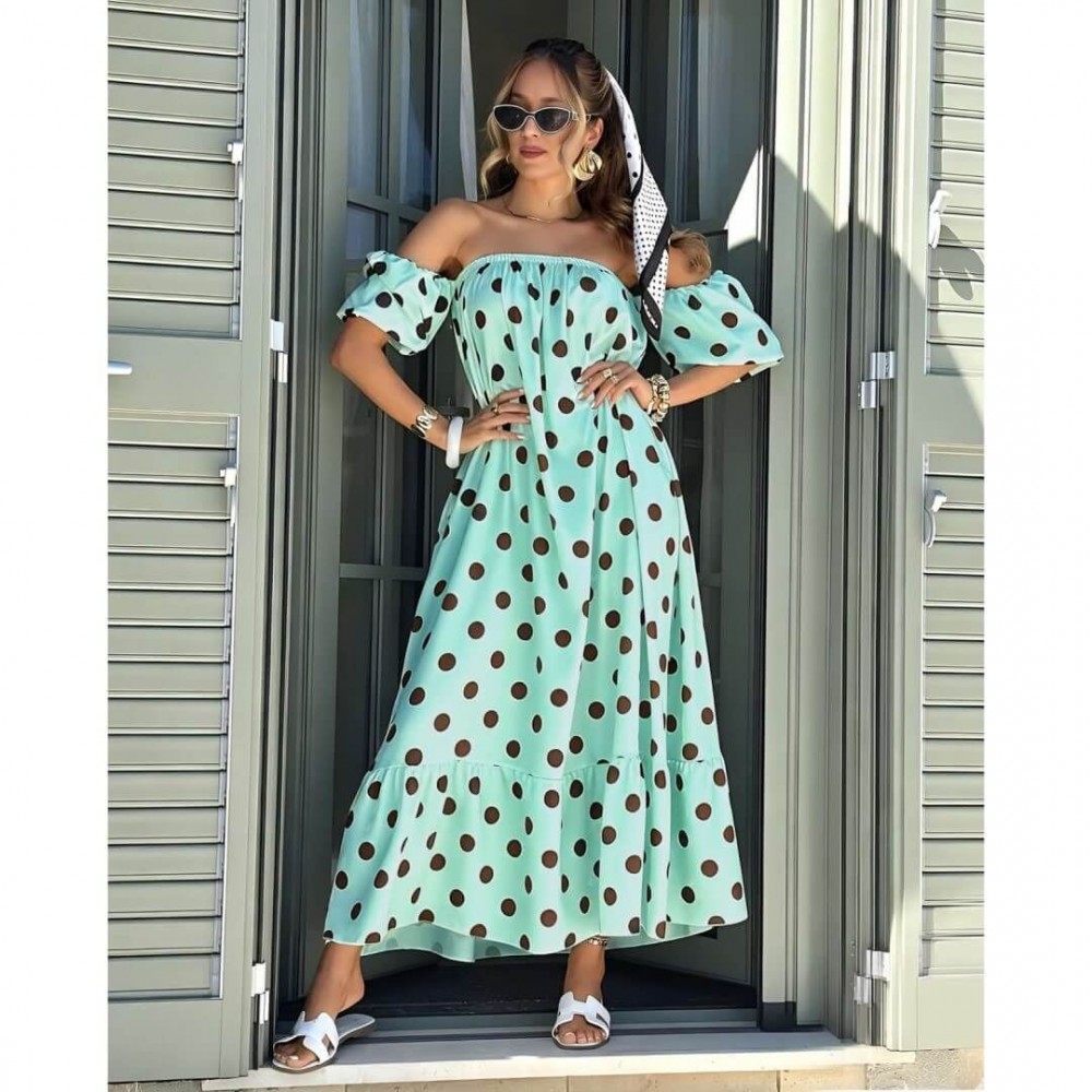 Φόρεμα maxi strapless με μανίκι πουά βεραμάν