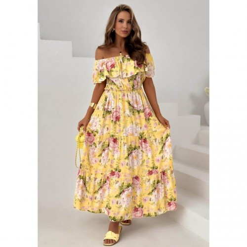 Φόρεμα maxi με βολάν έξωμο floral κίτρινο