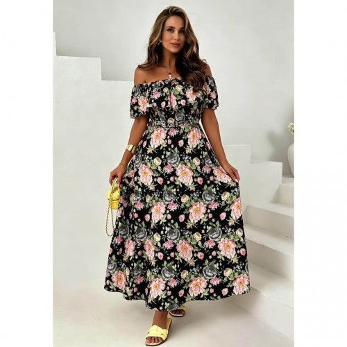 Φόρεμα maxi με βολάν έξωμο floral μαύρο
