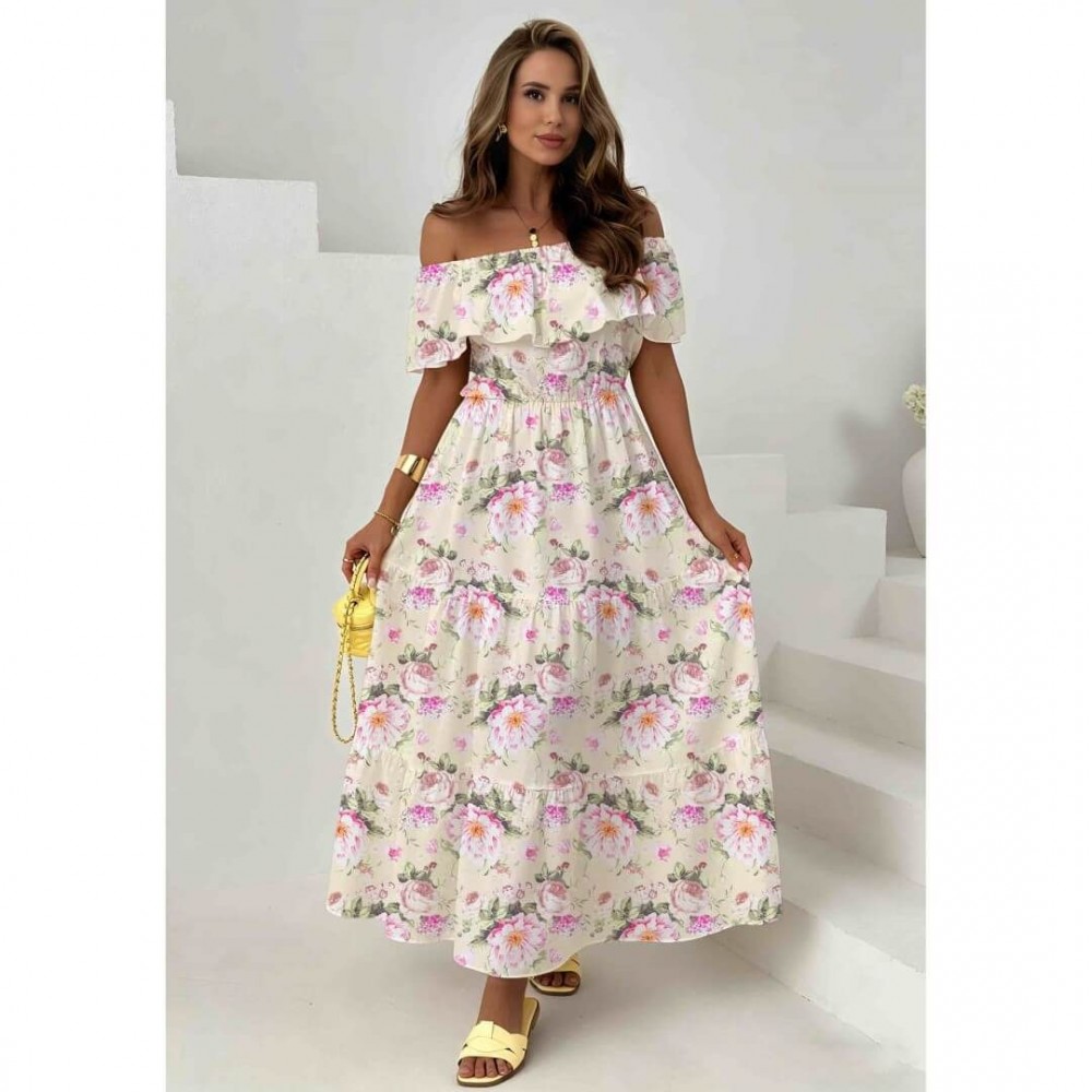 Φόρεμα maxi με βολάν έξωμο floral λευκό