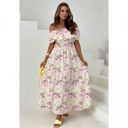 Φόρεμα maxi με βολάν έξωμο floral λευκό