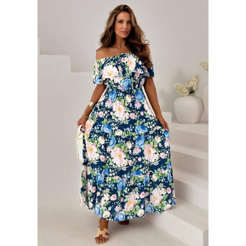 Φόρεμα maxi με βολάν έξωμο floral μπλε