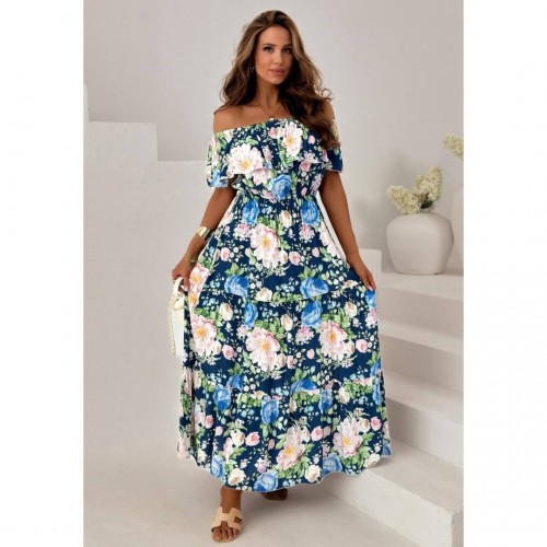 Φόρεμα maxi με βολάν έξωμο floral μπλε
