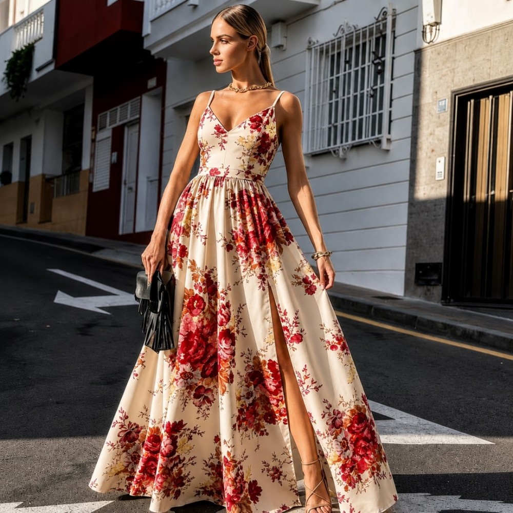 Φόρεμα maxi τιραντέ με σκισίματα floral κόκκινο