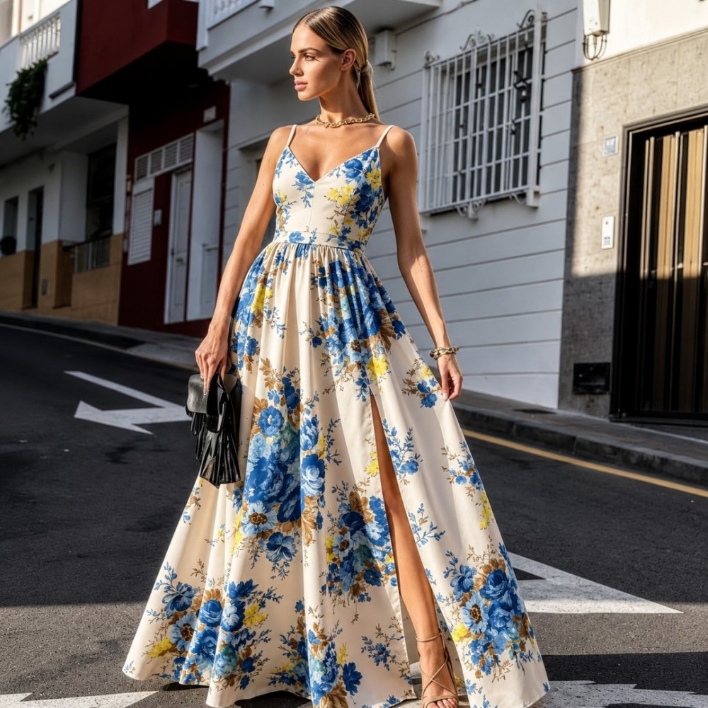 Φόρεμα maxi τιραντέ με σκισίματα floral μπλε