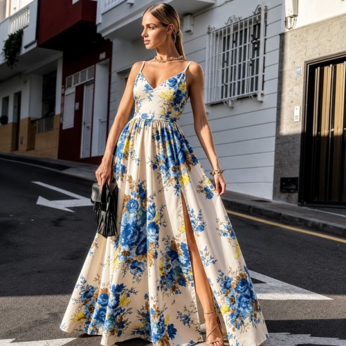 Φόρεμα maxi τιραντέ με σκισίματα floral μπλε