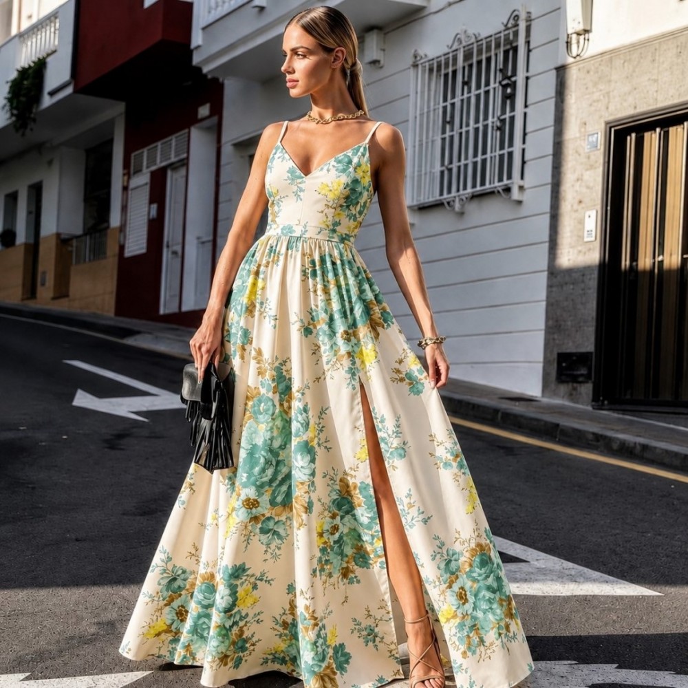 Φόρεμα maxi τιραντέ με σκισίματα floral βεραμάν