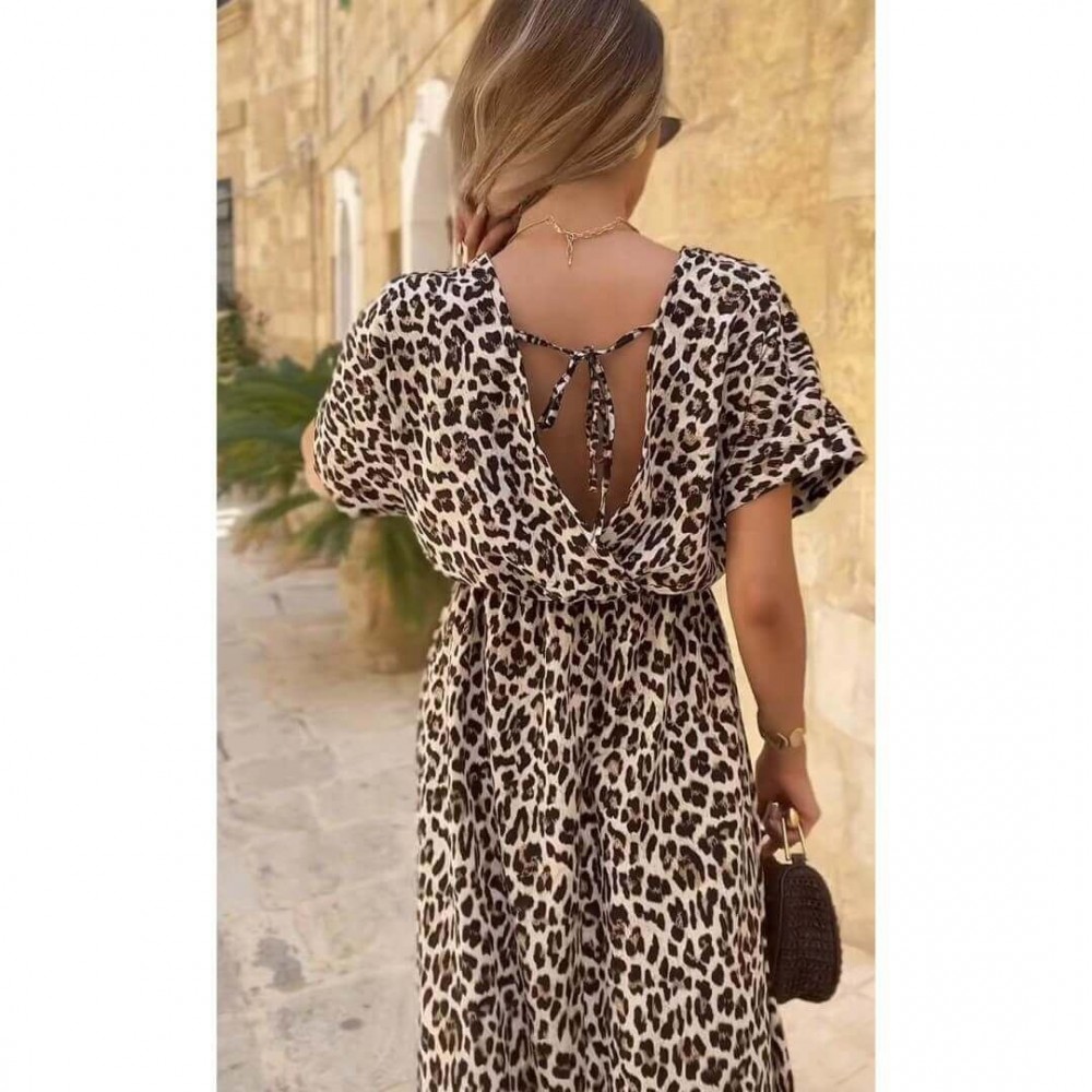 Φόρεμα maxi κρουαζέ με λάστιχο στην μέση leopar