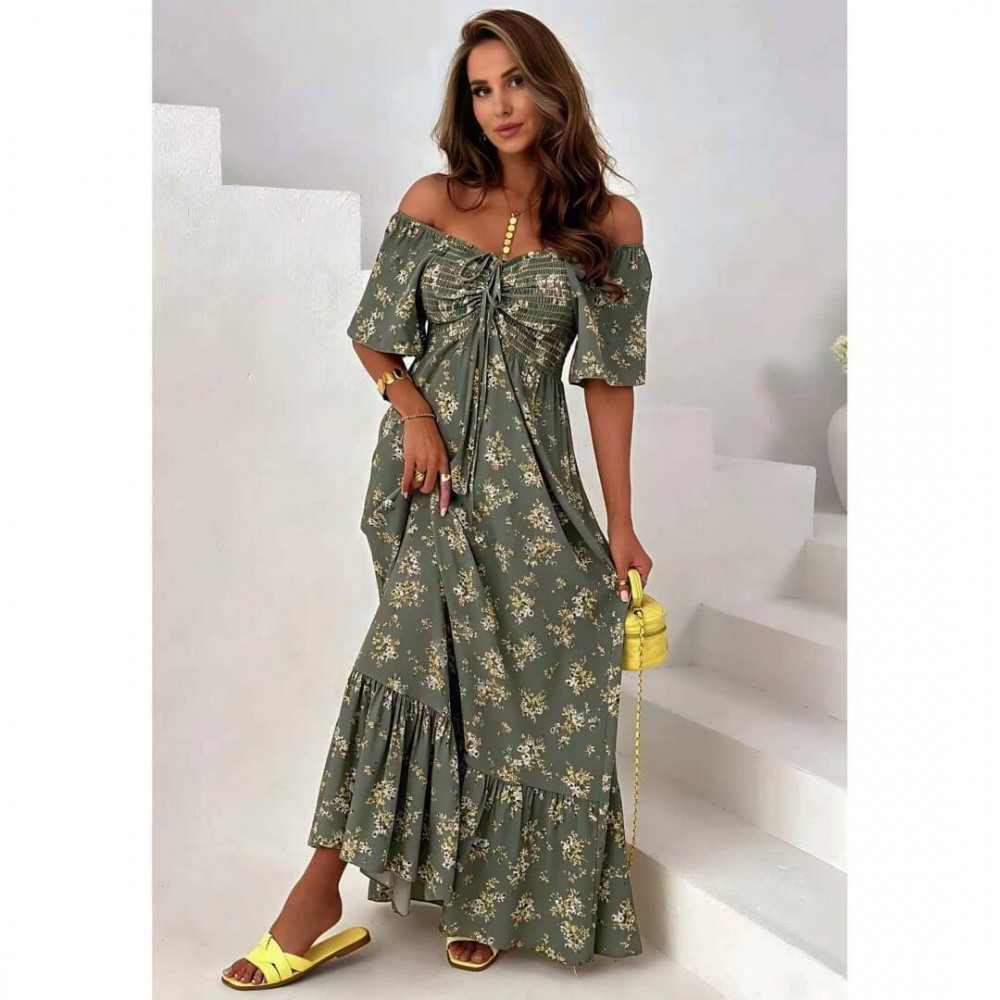 Φόρεμα maxi έξωμο με μανίκι floral χακί