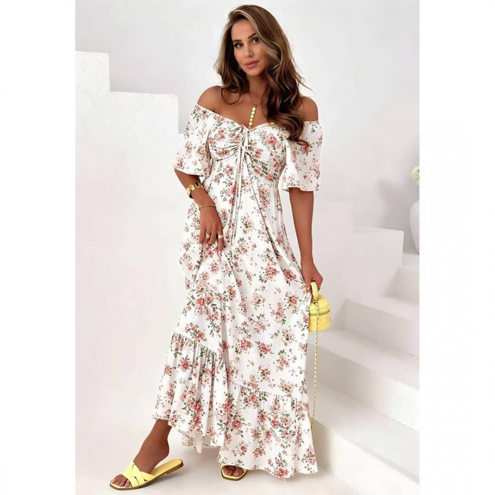 Φόρεμα maxi έξωμο με μανίκι floral λευκό
