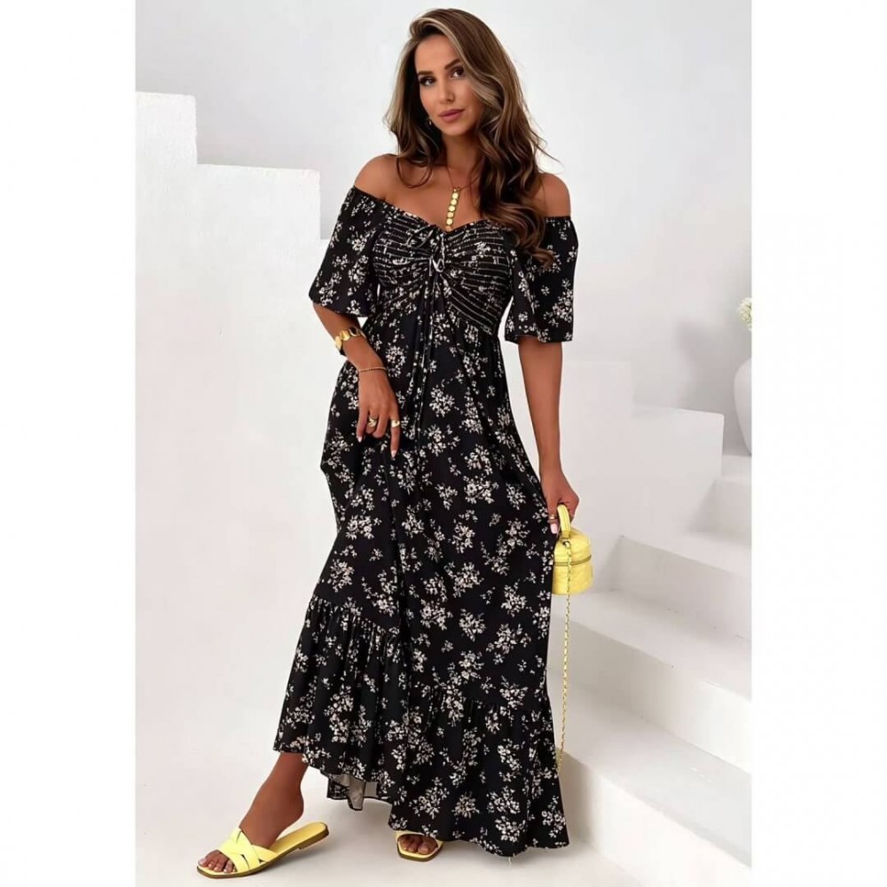 Φόρεμα maxi έξωμο με μανίκι floral μαύρο