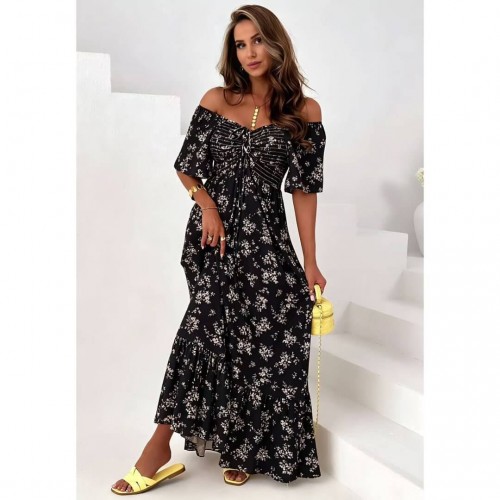 Φόρεμα maxi έξωμο με μανίκι floral μαύρο