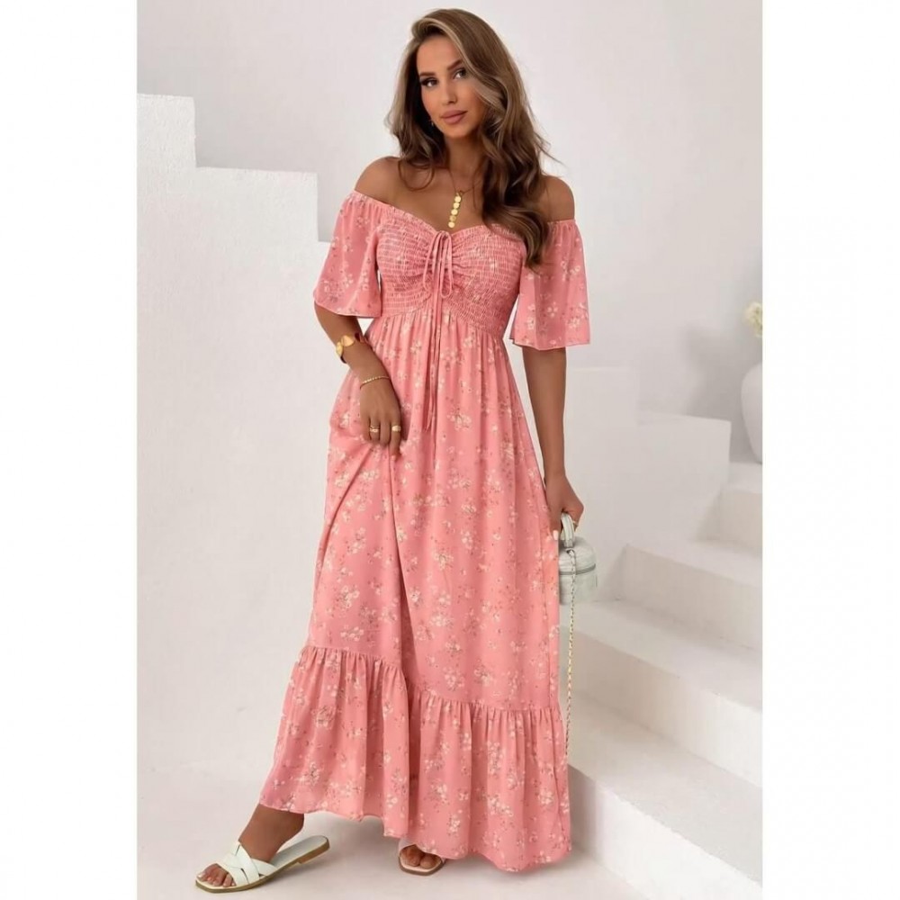 Φόρεμα maxi έξωμο με μανίκι floral ροζ
