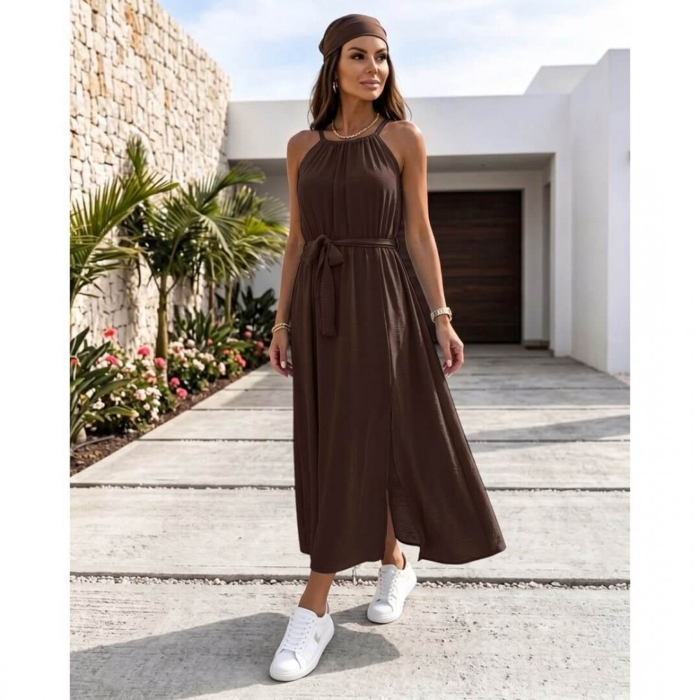 Φόρεμα μάξι με παρτούς ώμους και ζώνη καφέ