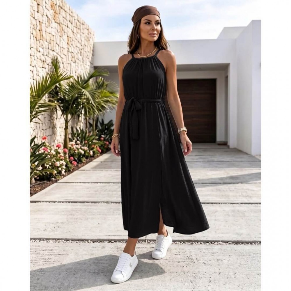 Φόρεμα μάξι με παρτούς ώμους και ζώνη μαύρο