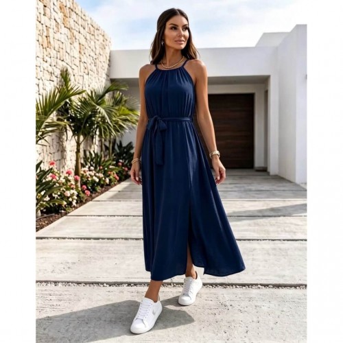 Φόρεμα μάξι με παρτούς ώμους και ζώνη μπλε