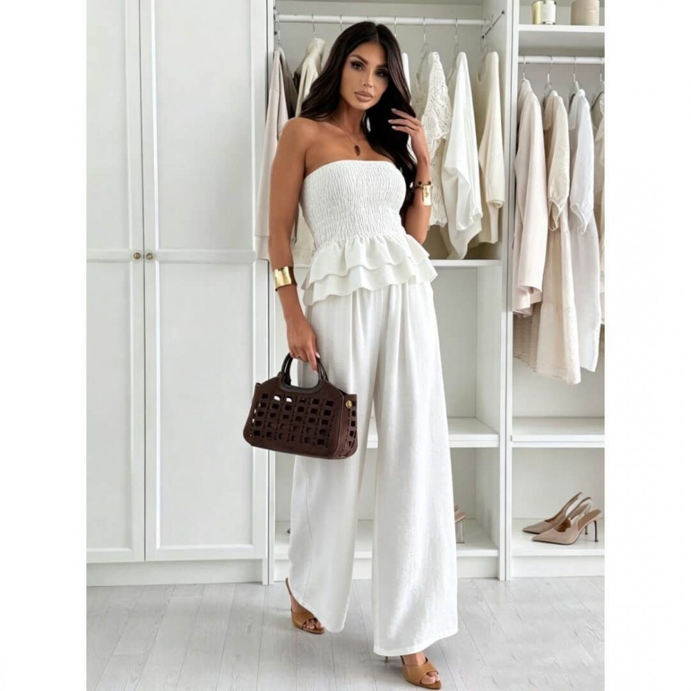 Ολόσωμη φόρμα strapless με βολάν στη μέση λευκό