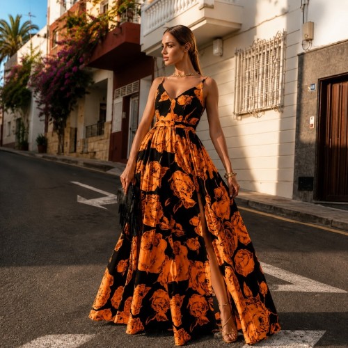Φόρεμα maxi τιραντέ με σκισίματα floral πορτοκαλί