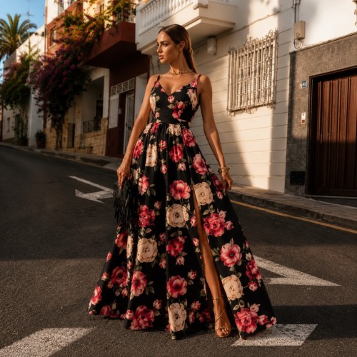 Φόρεμα maxi τιραντέ με σκισίματα floral μαύρο