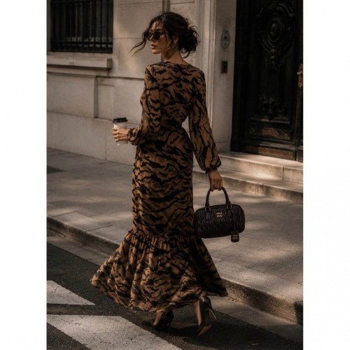Φόρεμα μάξι με "V" και σκίσιμο animal print
