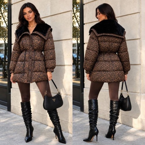 Μπουφάν puffer με γούνα στον γιακά leopar