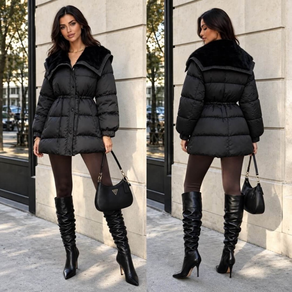 Μπουφάν puffer με γούνα στον γιακά μαύρο