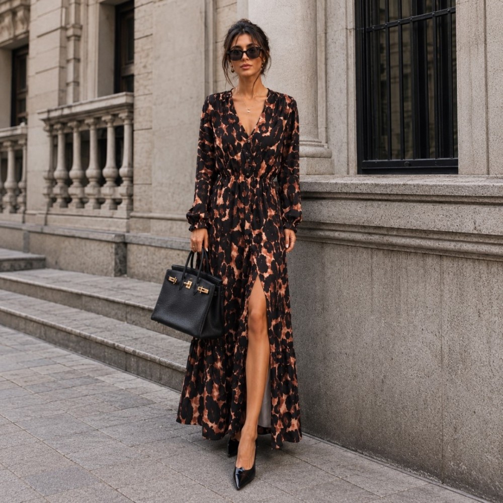 Φόρεμα μάξι με "V" και σκίσιμο animal print καφέ